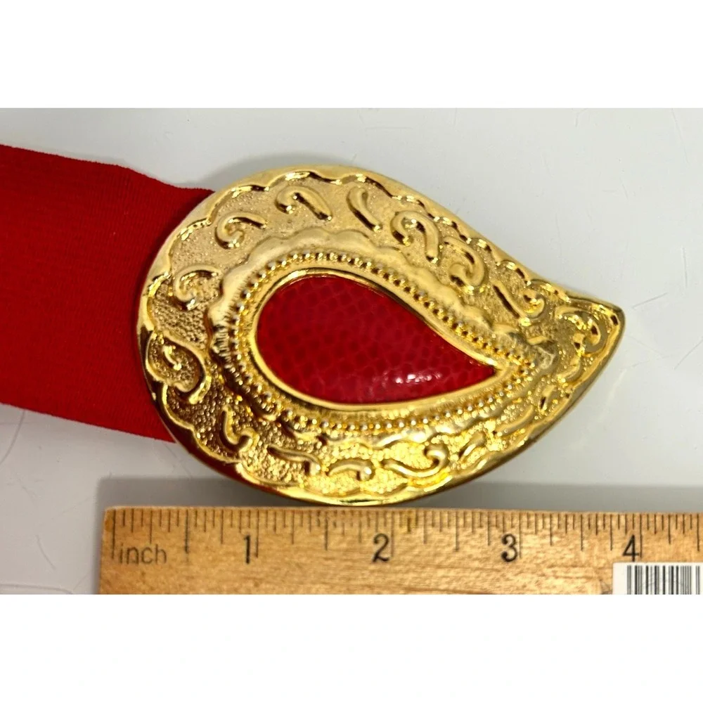 Vintage 1991 Red Stretch Waist L Belt Huge Gold Ornate Paisley Statement Buckle